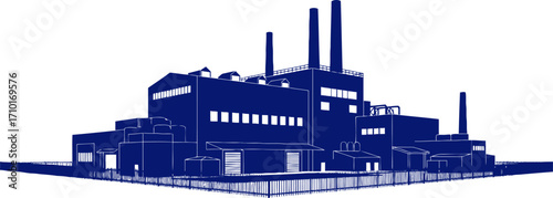 a navy blue industrial complex silhouette of a mighty factory at dawn, isolated on transparent background