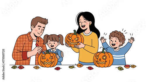 Family Carving Pumpkins: A joyful family, united in the spirit of Halloween, gathers around a table to carve festive pumpkins, creating glowing jack-o'-lanterns.  