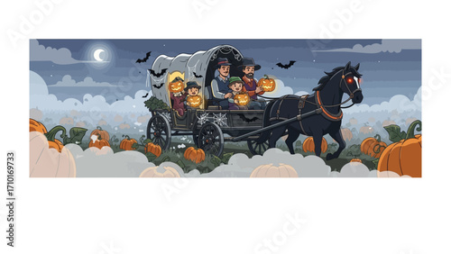 Halloween Carriage Ride: A whimsical illustration depicts a festive Halloween carriage ride.