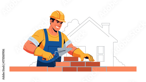 Builder Craftsmanship: A skilled builder meticulously lays bricks, showcasing the art of construction and the building process.