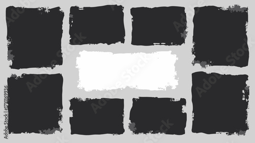 Contact-sheet grid — black contact frames on charcoal, center white copyspace rectangle for title, palette: charcoal, black, white