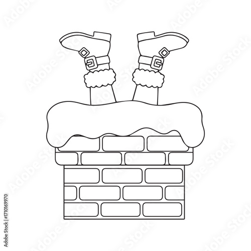 Funny Santa Claus legs and boots stuck in a brick chimney, Christmas coloring page outline vector illustration.
