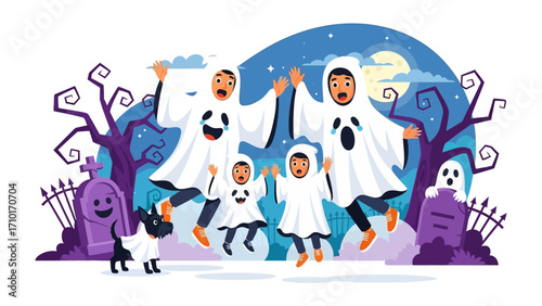 Halloween Family: Adorable family dressed as ghosts, radiating joy and excitement in a playful Halloween illustration. This cheerful scene is filled with spooky fun.