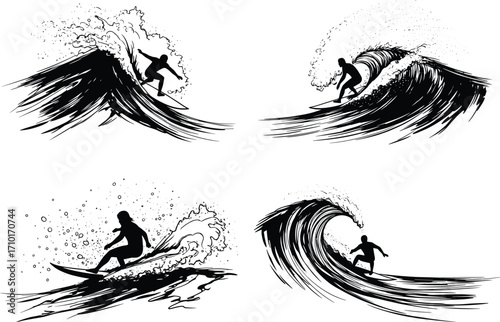 Surfer riding ocean waves, extreme water sport, surfing action, big wave ride, sea adventure, athletic silhouette, summer sport activity, black and white vector art.