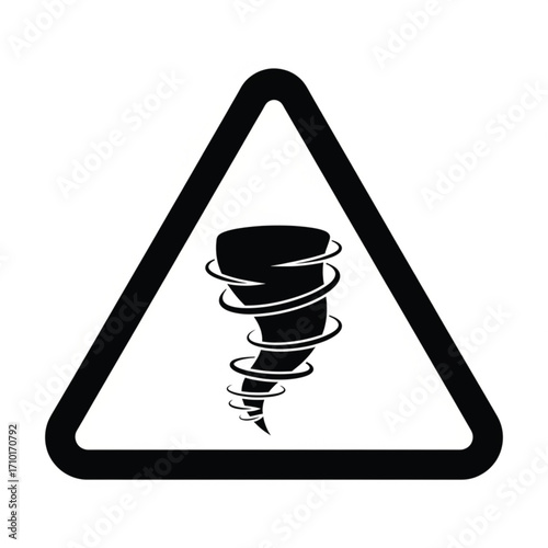 Tornado warning sign icon, a black and white vector illustration of a cyclone symbol in a triangle, representing a severe weather alert and natural disaster