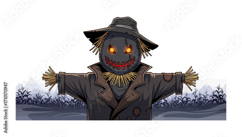 Spooky Scarecrow on Field: A detailed, haunting illustration of a scarecrow standing ominously in a field, complete with a grimacing face, a worn hat, and outstretched arms.