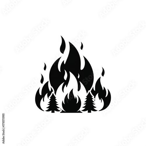 Stylized vector graphic representing a forest fire or campfire, depicting flames rising above pine trees, symbolizing danger, natural disaster, and environmental hazards