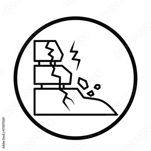 Simple line icon illustrating a building collapse due to an earthquake or natural disaster, symbolizing risk and destruction