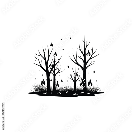 Striking minimalist illustration in black and white depicting a severe forest fire, with stark trees ablaze, conveying environmental destruction and ecological crisis