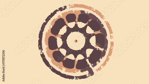 Rotary dial spiral — rotary phone dial looping into spiral, strong center copyspace ring for logo, palette: bakelite brown, cream