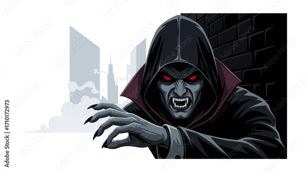 Obraz na plátně Shadowy Sentinel: An illustrated vampire emerges from the darkness, with a piercing gaze that holds the mysteries of the night
