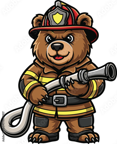Brave Cartoon Firefighter Bear Mascot with Hose