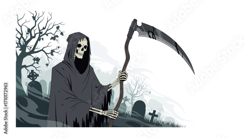 Grim Reaper's Solitude: A skeletal figure, cloaked in shadows and wielding a scythe, stands amid a gothic graveyard, embodying the ultimate essence of mortality.