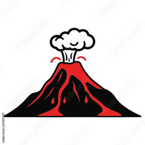 A charming and playful vector illustration of an erupting volcano, featuring a happy smiling face on the ash cloud and vibrant red lava flow