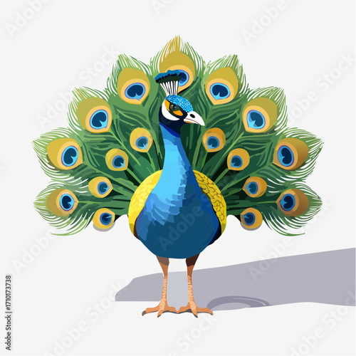 3D Pfau, stehend mit aufgestelltem Rad, Studio-Licht, fotorealistisch, leuchtende Farben