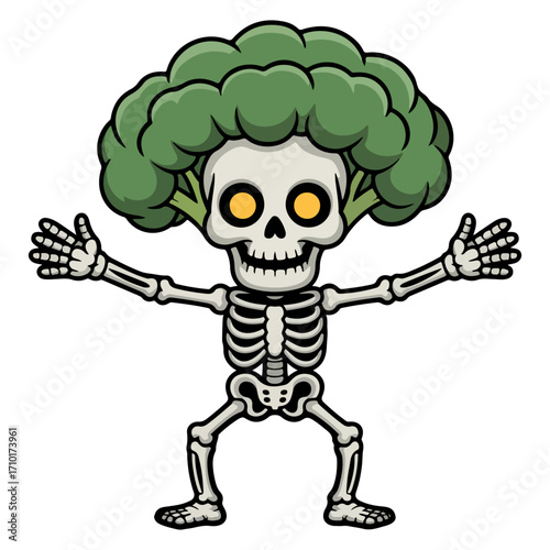 Broccoli Skeleton Cartoon: A humorous cartoon depiction of a skeleton figure with a head of broccoli, presenting a whimsical blend of healthy eating and spooky fun. 
