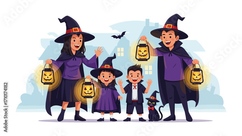 Halloween Family with Lanterns: A delightful Halloween illustration showcasing a family in costumes, each holding a glowing lantern, a bat, and a black cat adding to the festive scene.