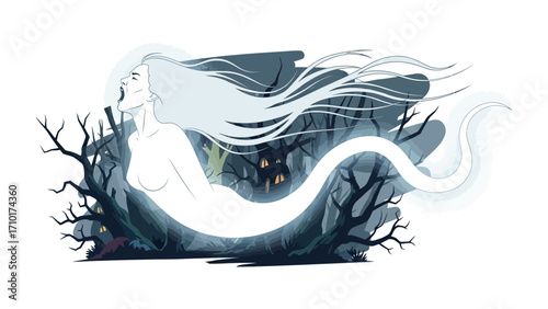 Ethereal Woman and Haunted Forest: An eerie scene unfolds with a spectral woman with flowing white hair and haunting gaze, emerging from a gnarled forest.