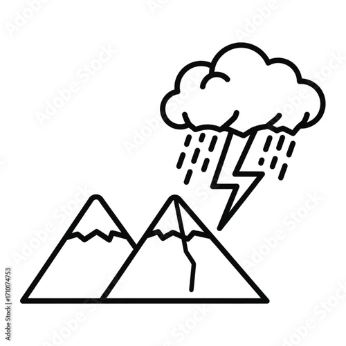 Mountain Storm A Weather Icon Depicting a Cloudy Sky with Thunder and Rain over Snowy Peaks
