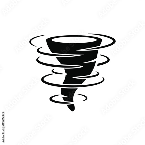 Black and white tornado icon representing a powerful storm, cyclone, or hurricane. Simple vector graphic of a twister isolated on a white background