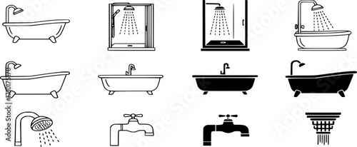 Shower Bathtub Vector Icon Set. Line and Solid with Running Shower, Bathroom Fixture Illustration