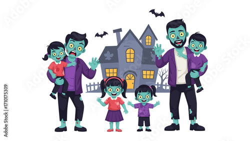 Spooky Family Gathering: A group of zombies, consisting of parents and their children, gathering together with a spooky haunted house, creating an ideal cartoon.