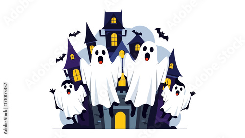 Spooky Halloween Night: A spectral scene unfolds as whimsical cartoon ghosts gather near a haunted mansion on a moonlit Halloween night. Amidst the eerie glow.