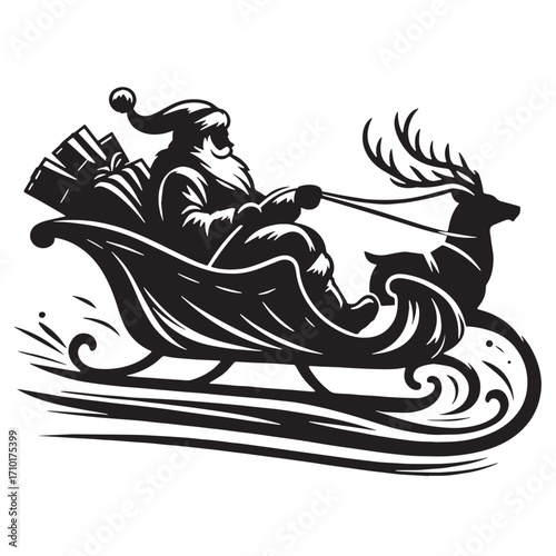 Black Santa Riding Sleigh Silhouette Vector Illustration design, Solid White Background