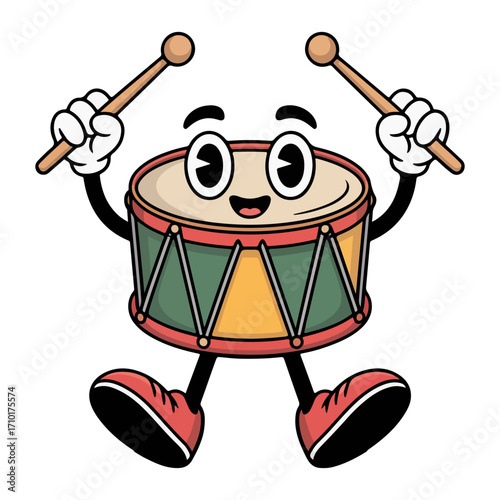 Cheerful Drummer's Beat: A charming, cartoon-like drum comes alive, striking a joyful pose and captivating audiences with its infectious rhythmic vibe.