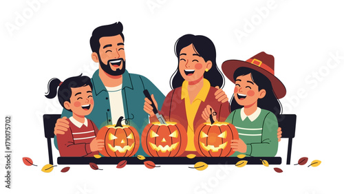 Family Halloween Fun: A joyous family carves spooky pumpkins, celebrating the Halloween spirit with smiles, laughter, and creative artistry.