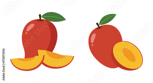 Illustration of two mangoes one whole and one partially sliced open
