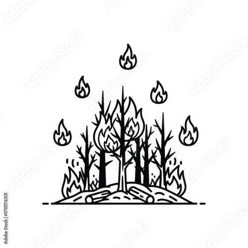 Forest Fire A Line Art Illustration Depicting Flames and Burning Trees, and Wildfire Concept