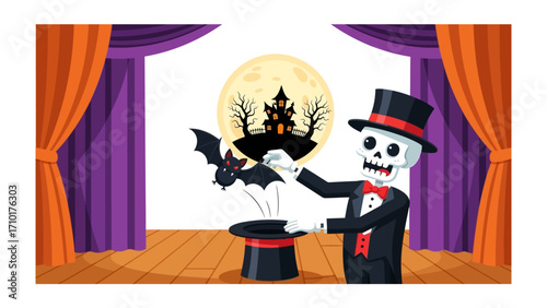 Halloween Spectacle: A skeletal magician in a top hat conjures a spooky bat from his hat, set against a full moon and a haunted house, on a stage with vibrant curtains.