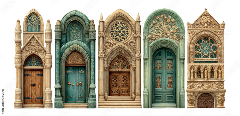 Obraz premium Intricate Decorative Doors with Unique Designs and Textures Isolated