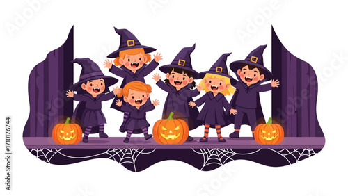 Spooky Halloween Performance: A group of cheerful children dressed as witches with pointy hats, capes, and vibrant smiles. They are staging a playful Halloween spectacle on stage.