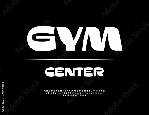 Vector Sports emblem Gym Center. Trendy White Font. Typography Awesome Alphabet Letters and Numbers set. 