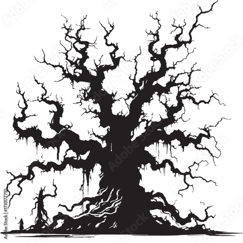 Black Scary Tree Silhouette Vector Illustration design, Solid White Background