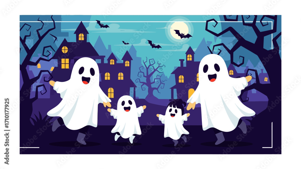 Naklejka premium Spooky Family Halloween Night Out: A delightful scene unfolds as a ghost family frolics on a moonlit Halloween night, with houses and bats silhouette in the background.