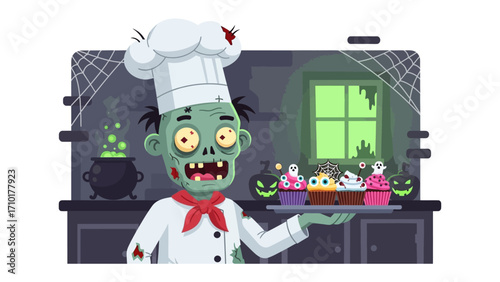 Zombie Chef's Spooky Confections: A playful and slightly eerie cartoon depicts a zombie chef proudly presenting a tray of elaborately decorated cupcakes, set against a Halloween backdrop. 