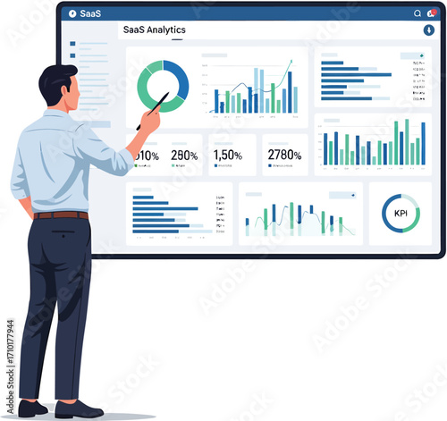Businessman analyzing SaaS analytics dashboard with charts and graphs 1.