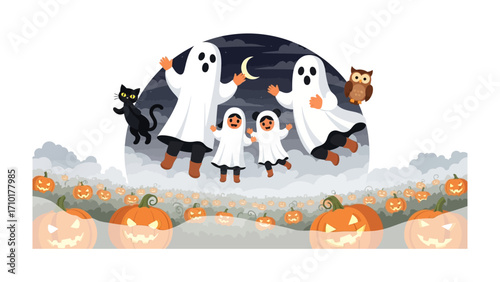 Halloween Ghostly Gathering: A heartwarming illustration depicting two parent figures and two children dressed as playful ghosts.