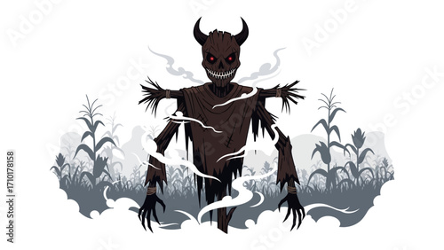 Sinister scarecrow: This depicts a chilling scarecrow, wreathed in mist, standing ominously against the backdrop of a shadowy cornfield, capturing a sense of dread and anticipation.
