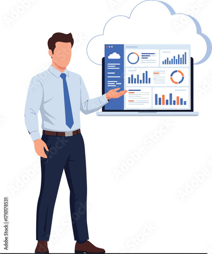 Businessman presenting data analytics on a laptop with cloud integration.