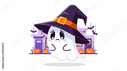 Sad Halloween Ghost: A melancholic cartoon ghost, donned in a witch's hat, floats forlornly against the backdrop of a haunted house, embodying the spirit of Halloween.
