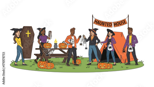 Halloween Festival Illustration: A festive illustration depicts a lively Halloween festival scene. Costumed people mingle near decorated areas, lanterns, and pumpkins.