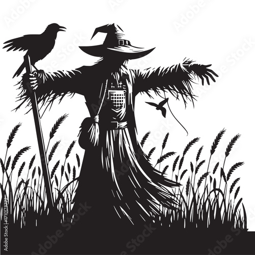 Black Scarecrow  Silhouette Vector Illustration design, Solid White Background