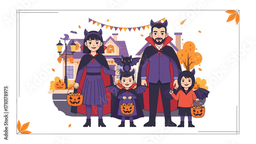 Halloween Family Portrait: A festive cartoon family stands ready for trick-or-treating, dressed in creative Halloween costumes and against a backdrop of autumn foliage, pumpkins and spooky town.