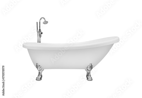 Front view a modern white ceramic bathtub that perfectly blends contemporary and retro styles. Looks simple but luxurious isolated