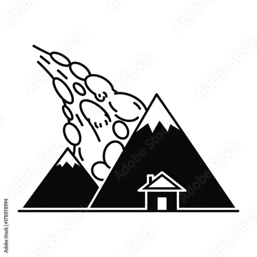 Icon of a devastating landslide or rockfall destroying a house in a mountain valley, symbolizing a natural disaster