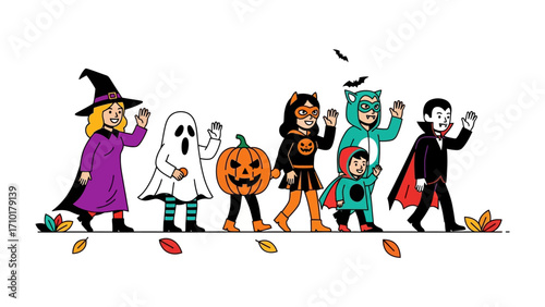 Spooky Halloween Parade: A colorful illustration of costumed children parading in a line, showcasing the playful spirit of Halloween, full of spooky creatures and spooky vibes.